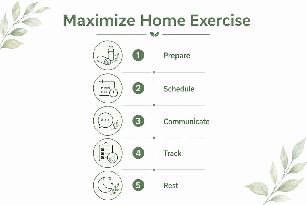 Infographic showing steps to maximize home exercise adherence