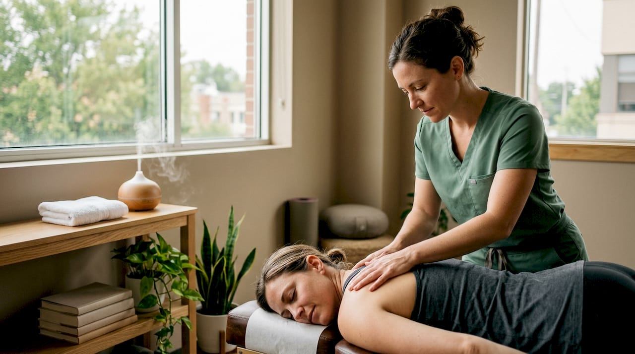 Therapist applying myofascial release on patient