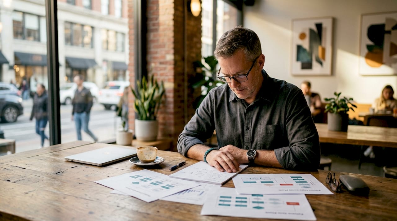 Business analyst reviewing implementation plans