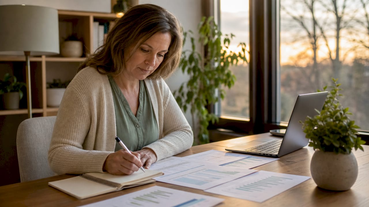 Woman reviewing therapy progress charts at home