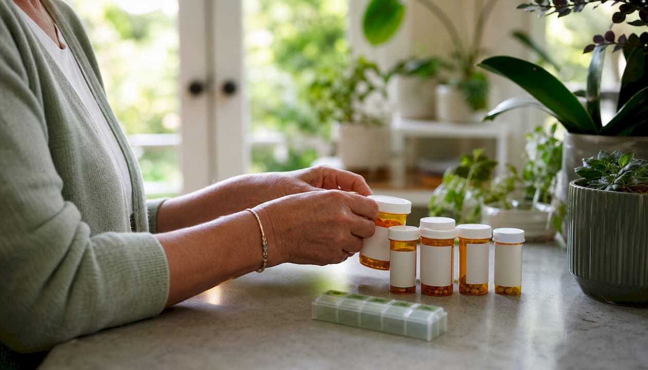 Hands organizing medication bottles and schedule