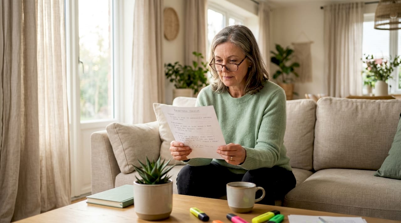 Woman reviewing rehabilitation checklist at home