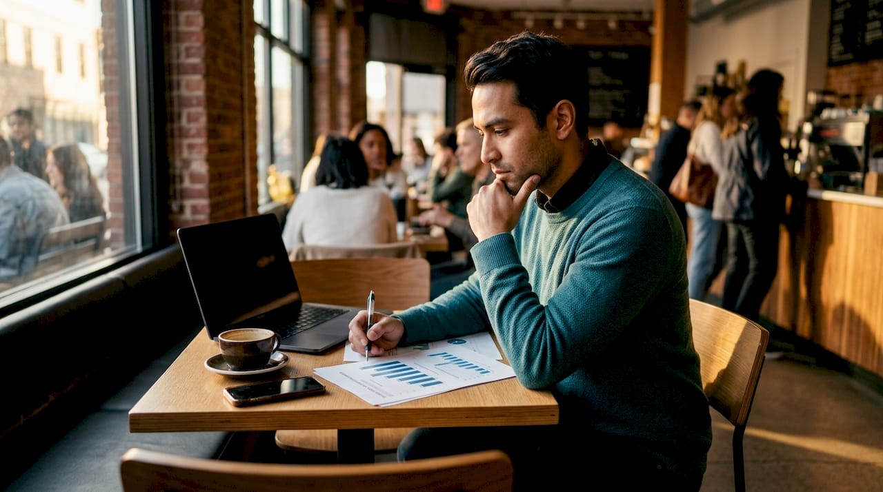 Property manager reviewing housing data at desk