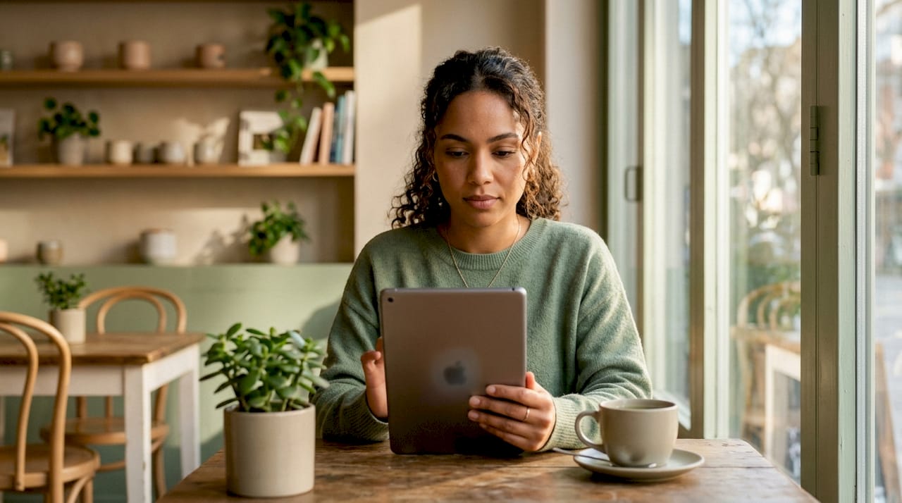 Woman booking therapy on tablet at home