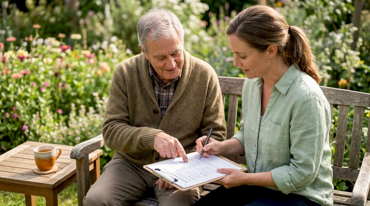 Hands reviewing physical therapy goals for senior