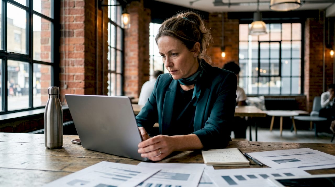 Businesswoman analyzing rental revenue data