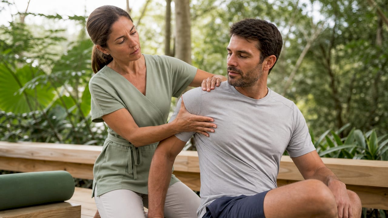 Therapist gently mobilizing male patient's shoulder