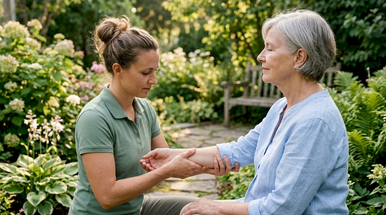Therapist performing gentle arm soft tissue mobilization
