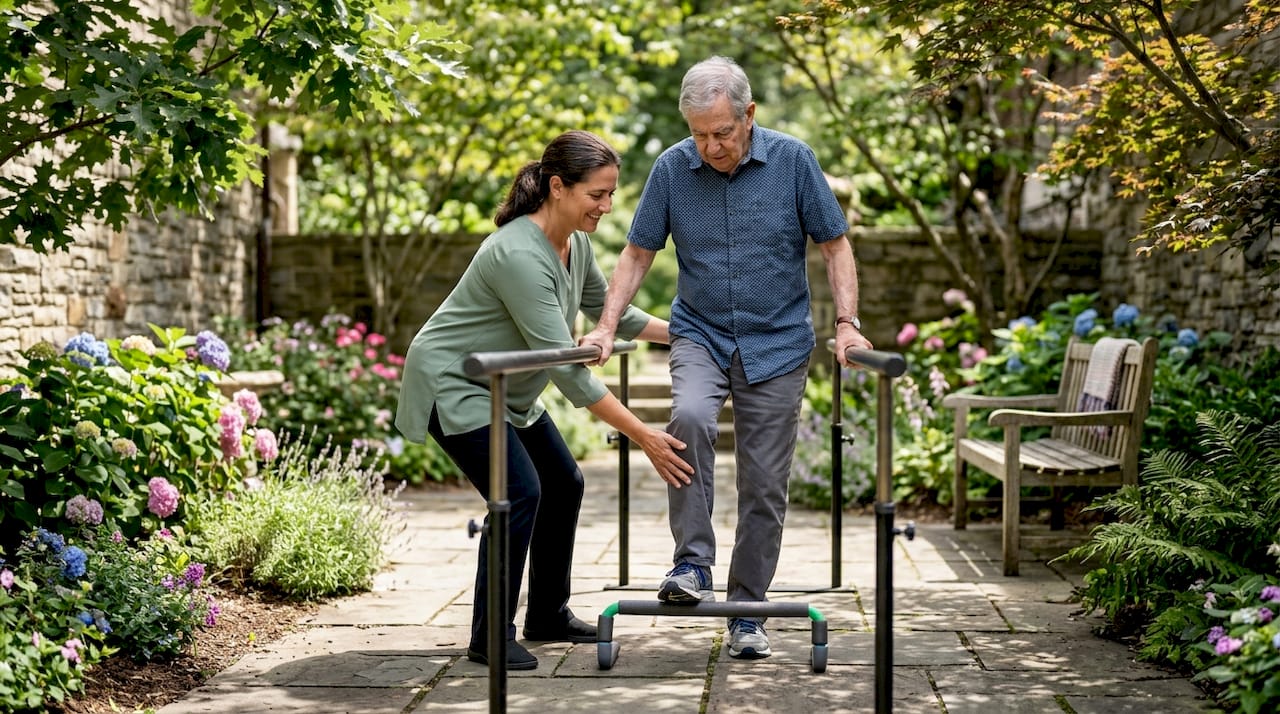 Physical therapist guiding elderly patient exercise