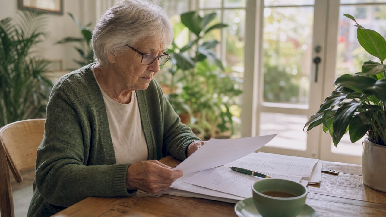 Elderly woman reviewing Medicare therapy papers