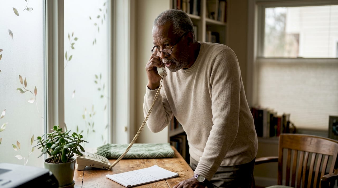 Senior man discussing therapy billing on phone