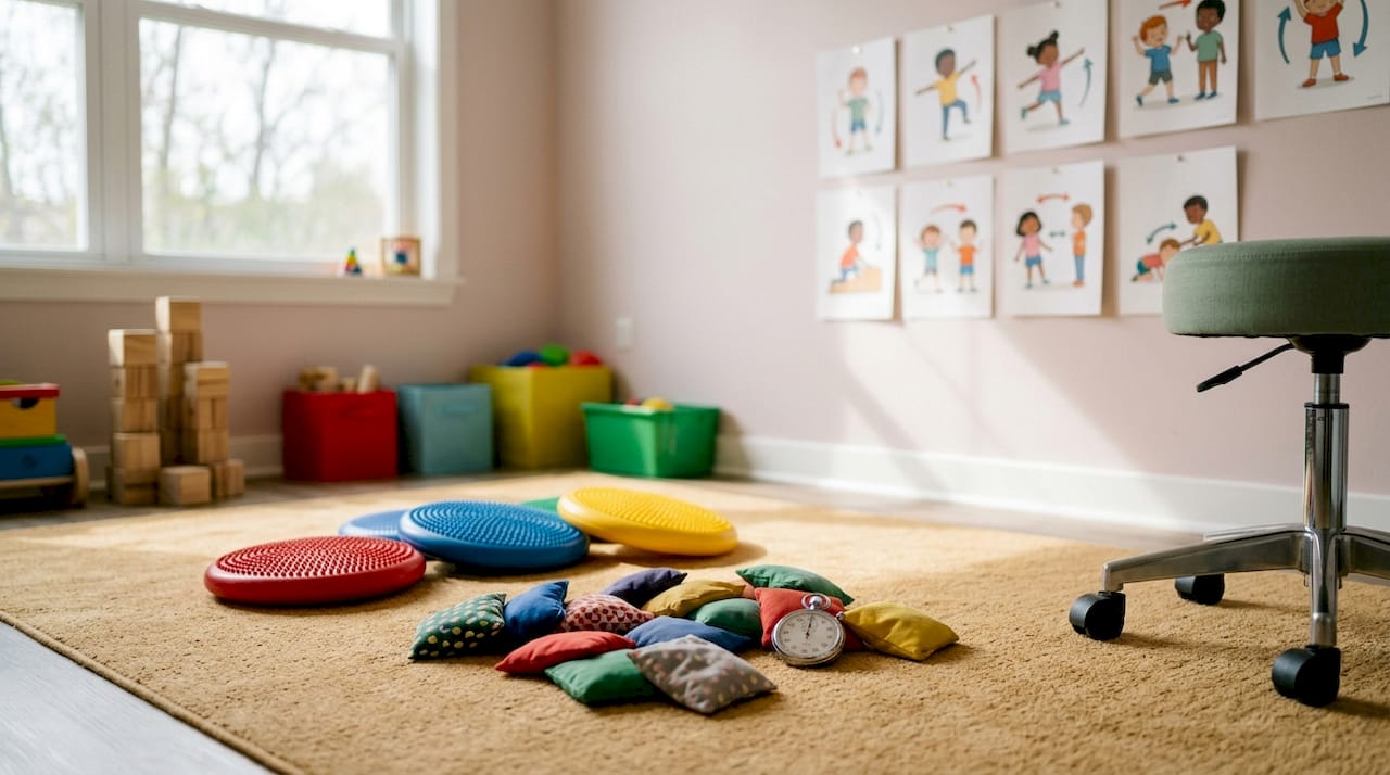 Pediatric physical therapy tools and materials on table