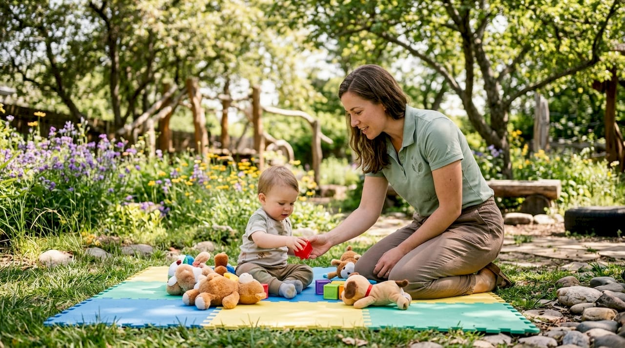 Therapist guiding toddler during pediatric PT session