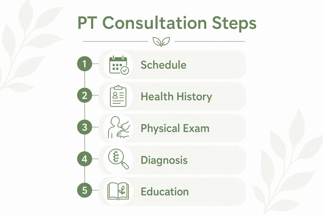 Infographic outlining key steps of a physical therapy consultation