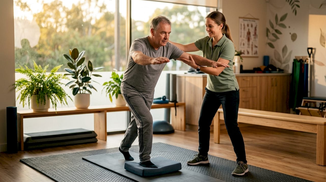 Physical therapist assisting spinal injury patient with balance exercise