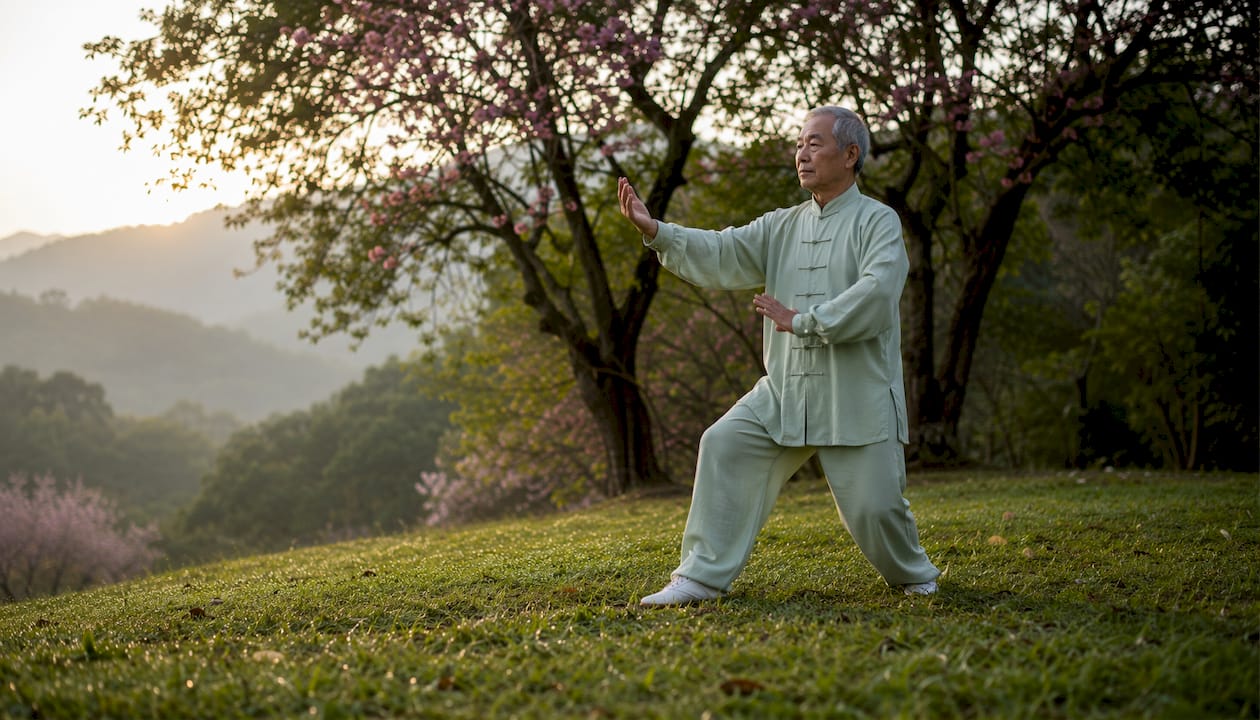 Senior man practicing tai chi outdoors