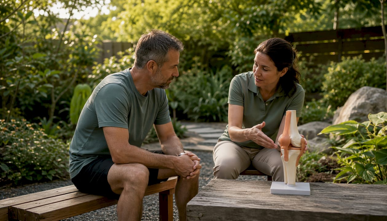 Patient consulting physical therapist in clinic