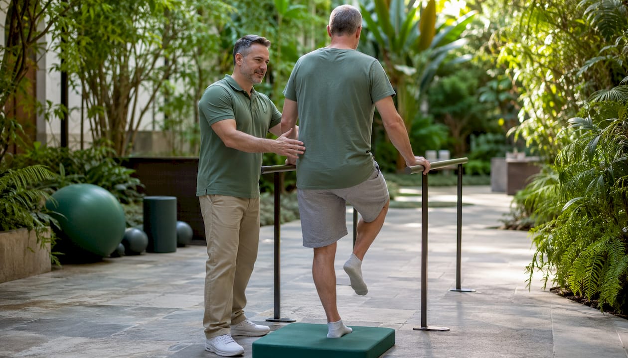 Physical therapist guiding balance exercise