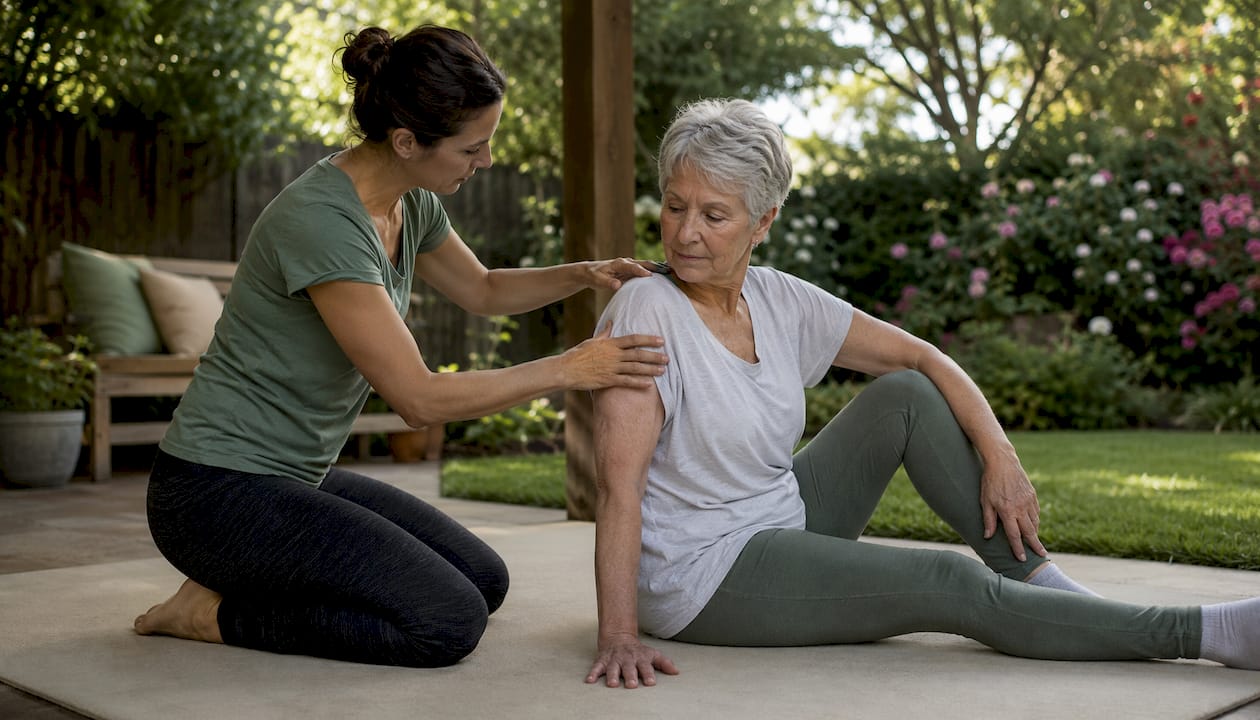 Therapist demonstrating movement therapy techniques with elderly patient