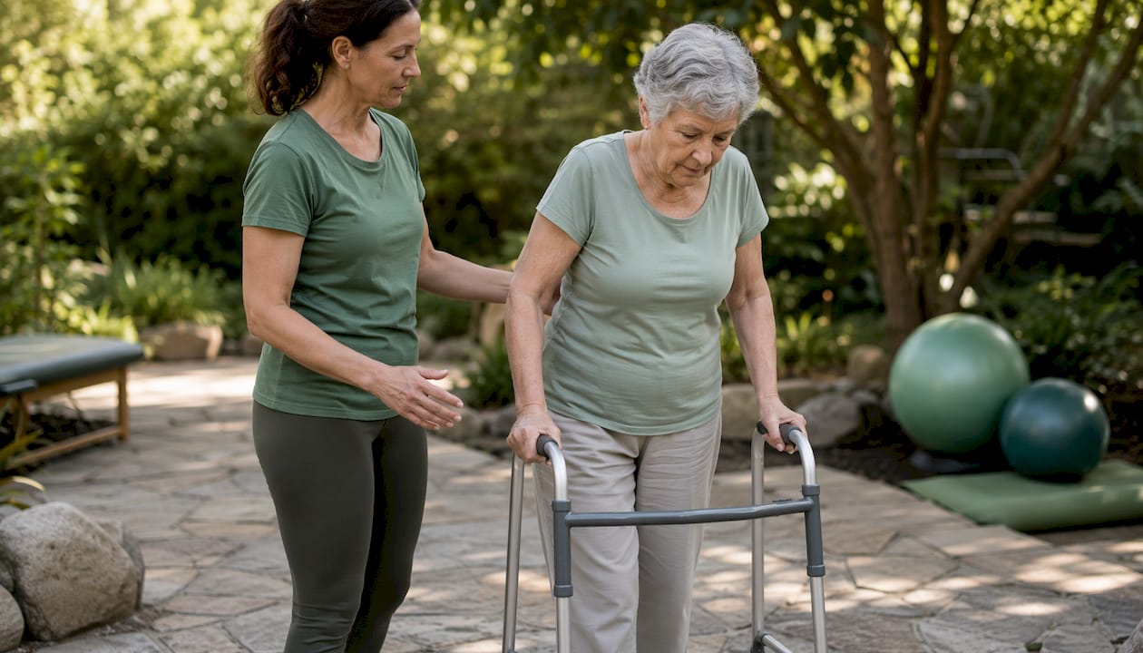 Therapist assisting patient with walking exercise