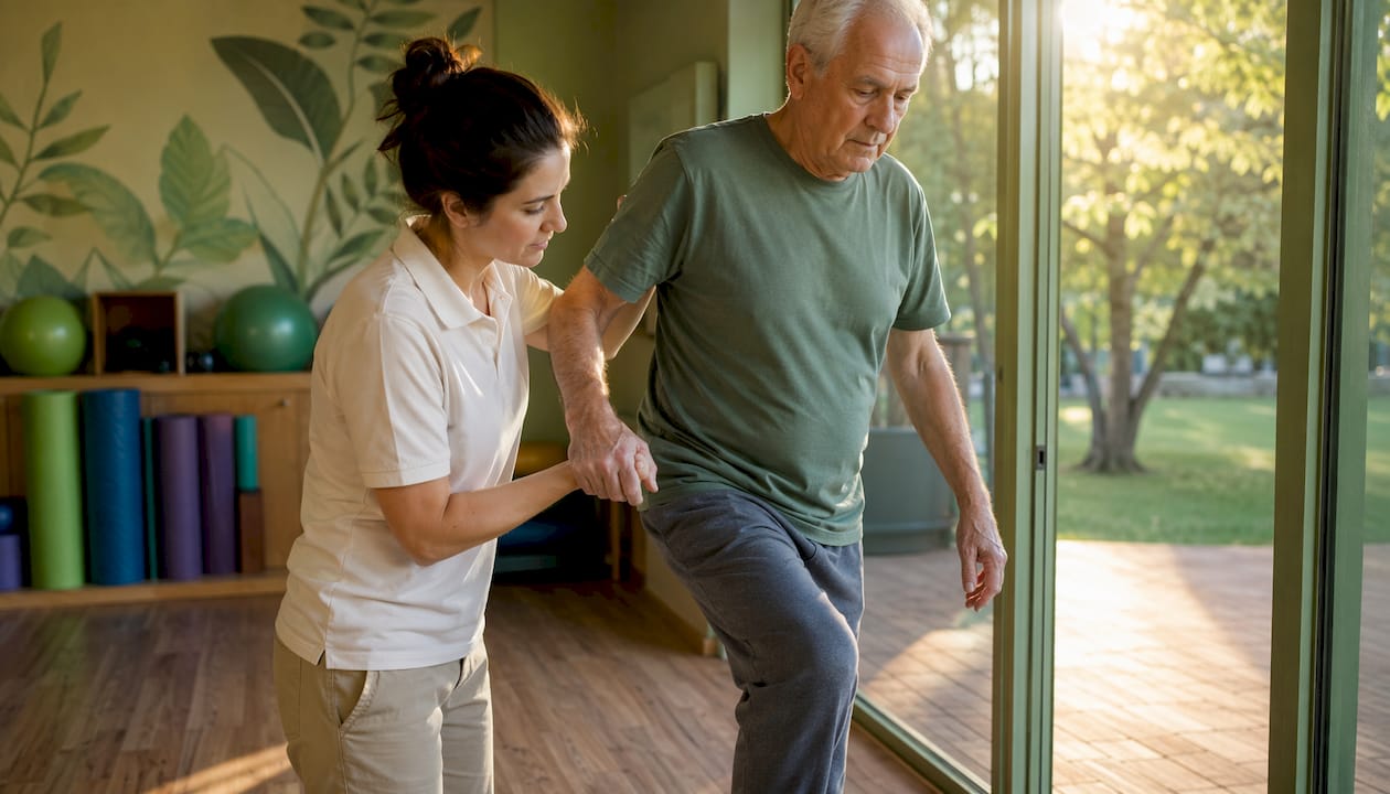Patient doing balance exercise with physical therapist