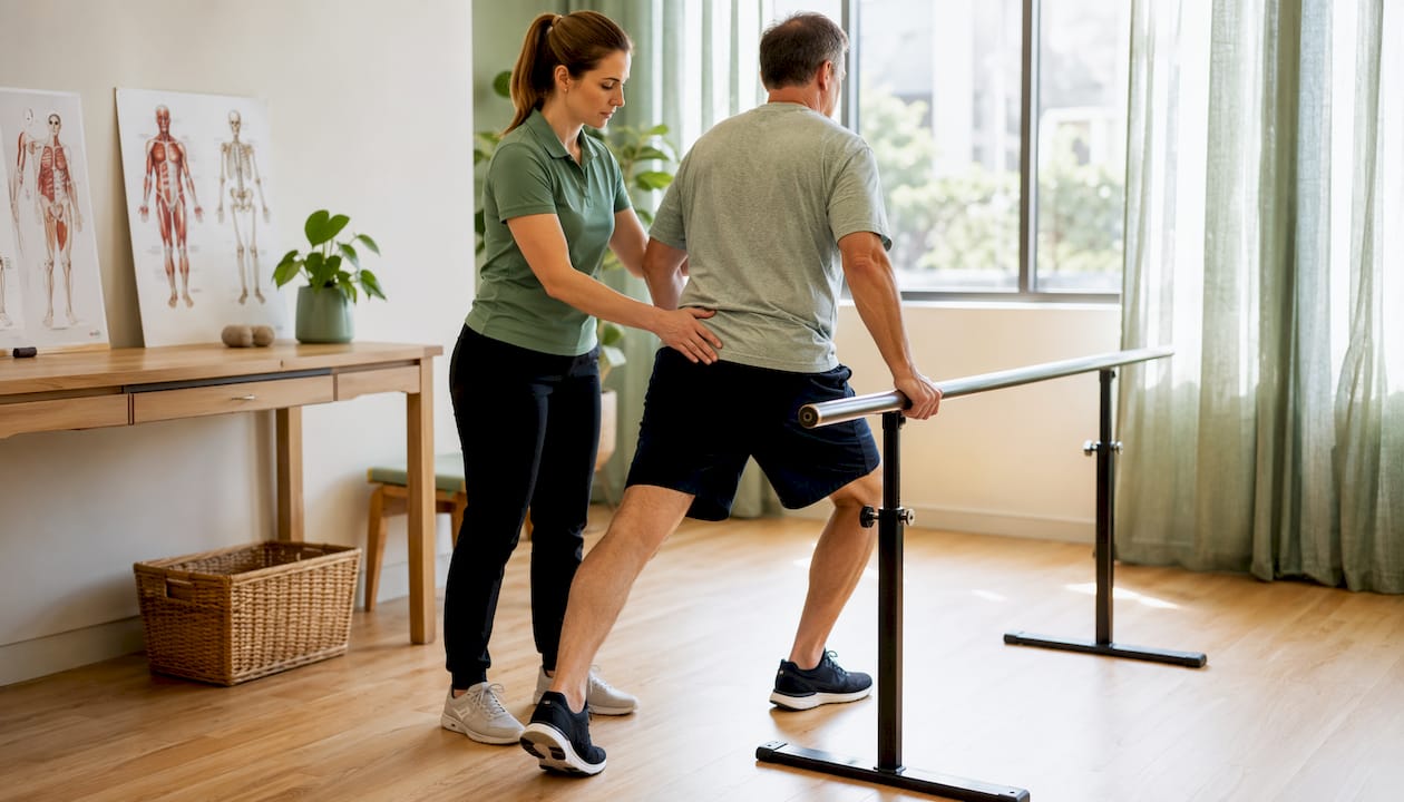 Physical therapist assessing patient's mobility
