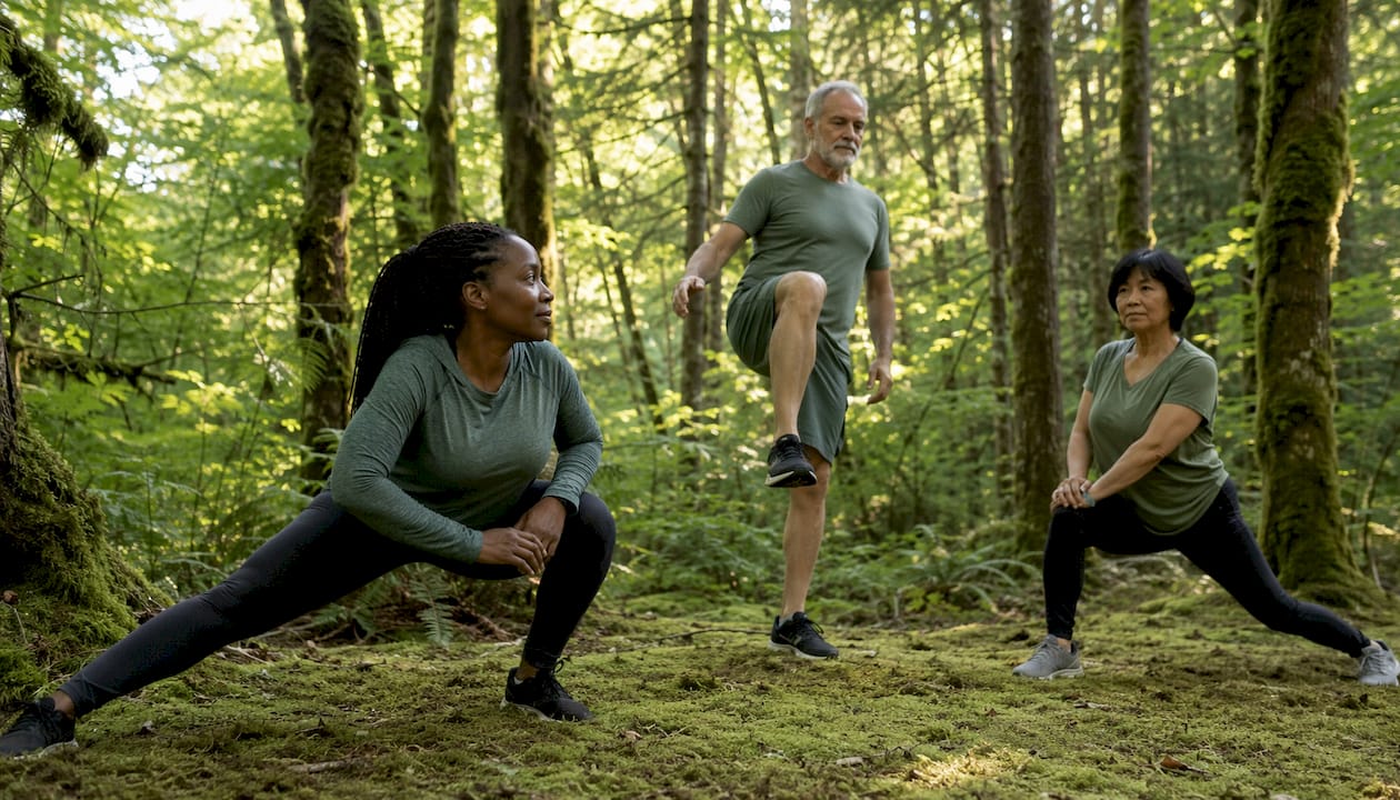 Diverse adults doing preventive therapy exercises outdoors