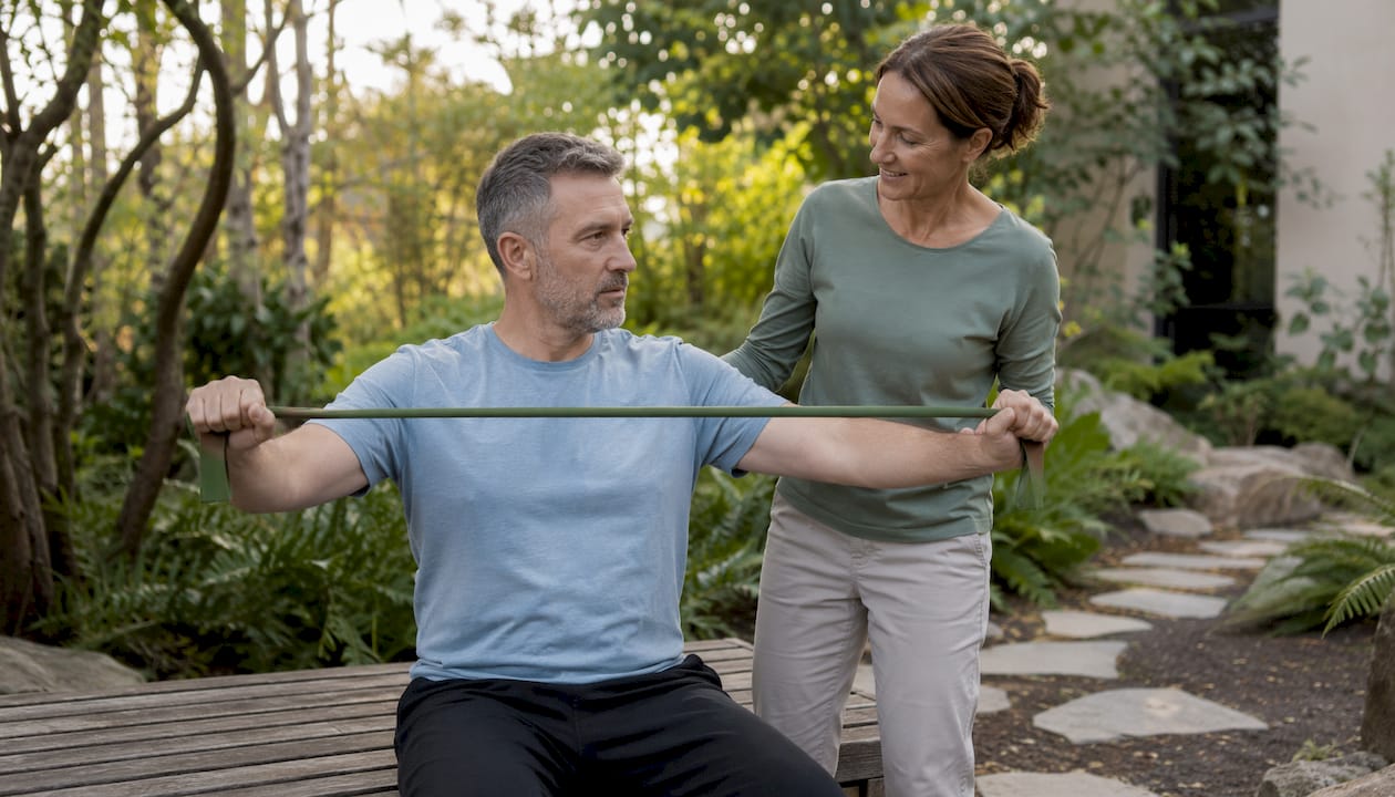 Physical therapist assisting patient with shoulder exercise