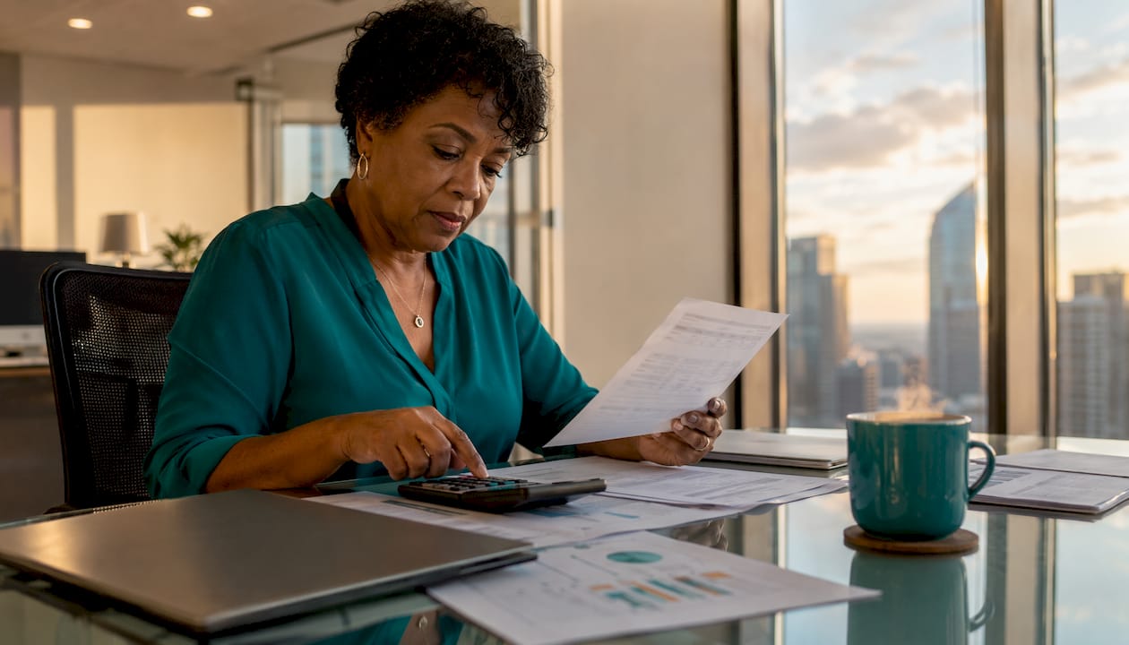 Manager reviewing financial documents at desk