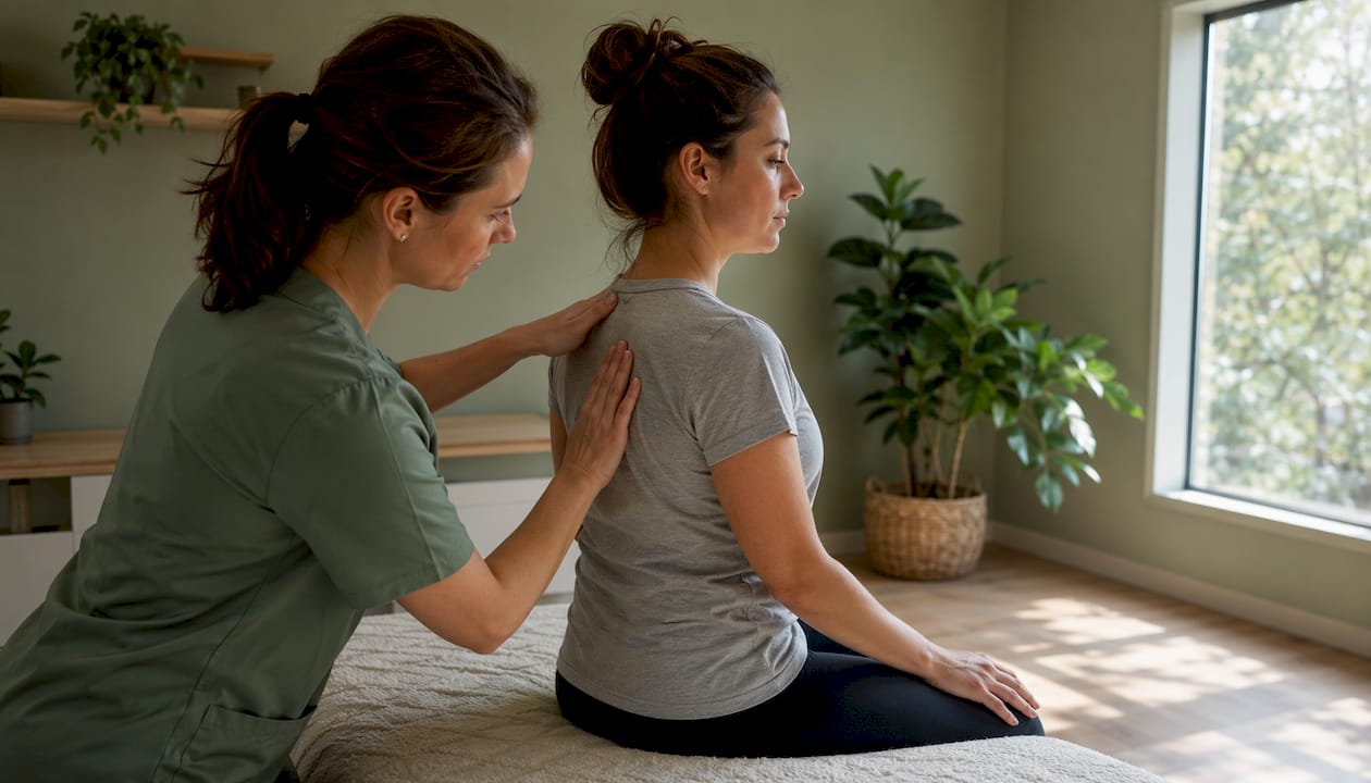 Therapist palpating patient’s upper back fascia in clinic