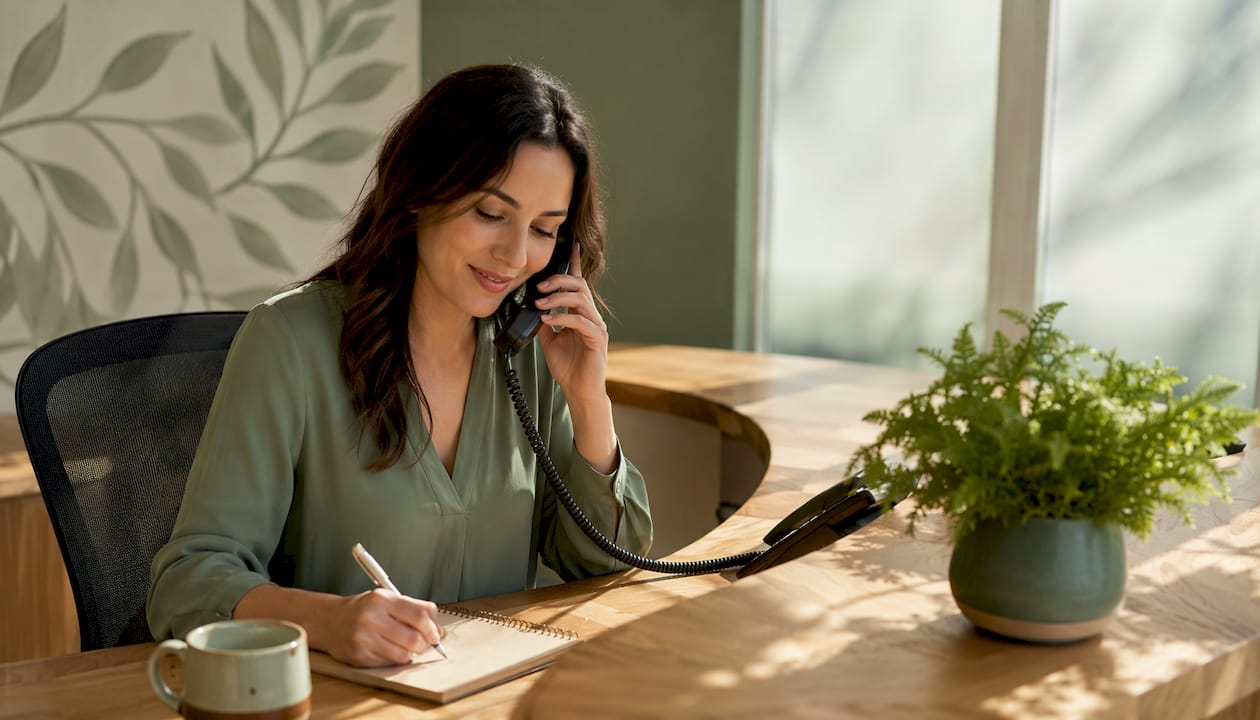 Receptionist taking physical therapy booking call