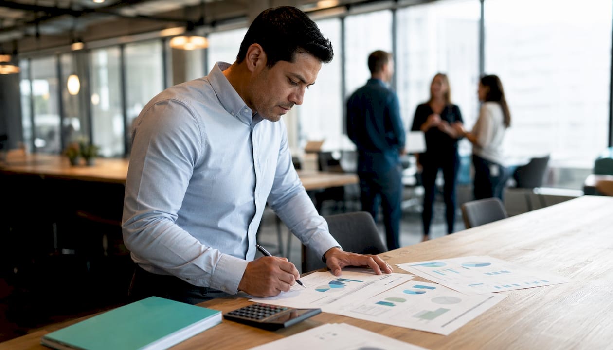 Leasing manager analyzing occupancy revenue papers at desk