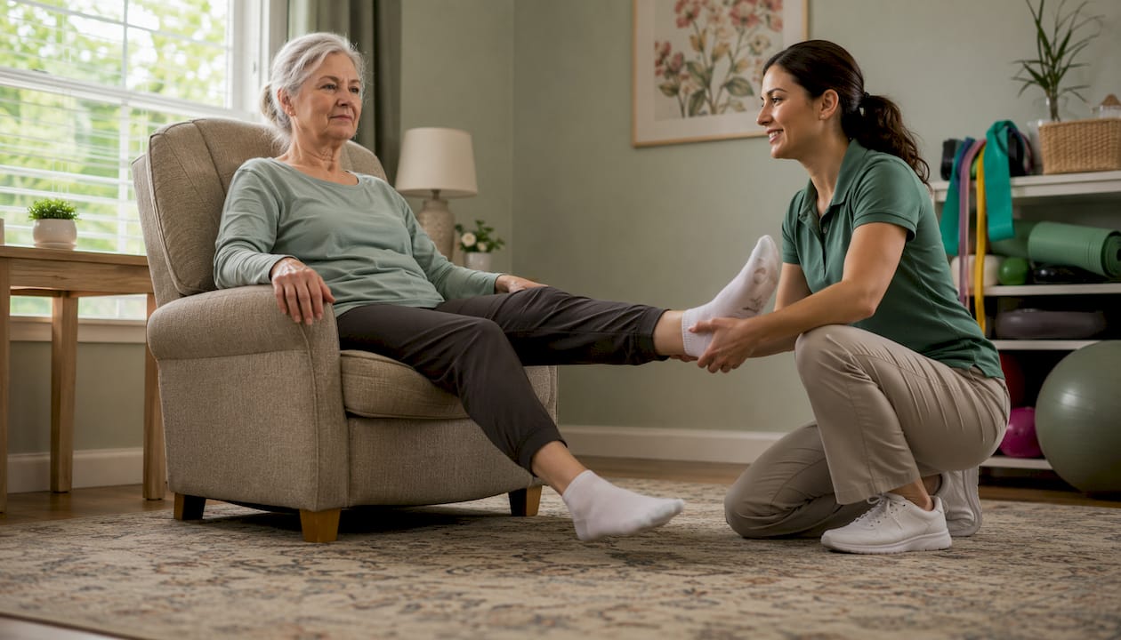 Senior woman doing physical therapy with therapist