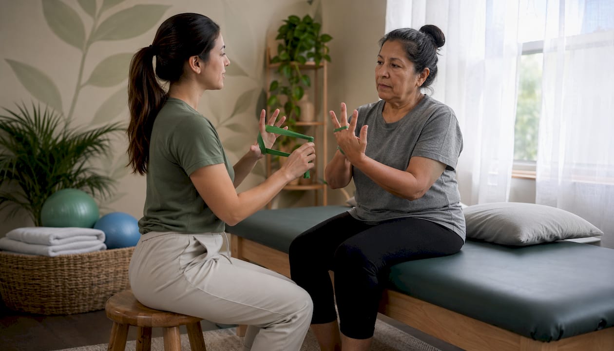 Physical therapist demonstrating hand exercise with patient