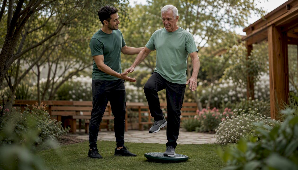 Physical therapist guiding senior patient exercise