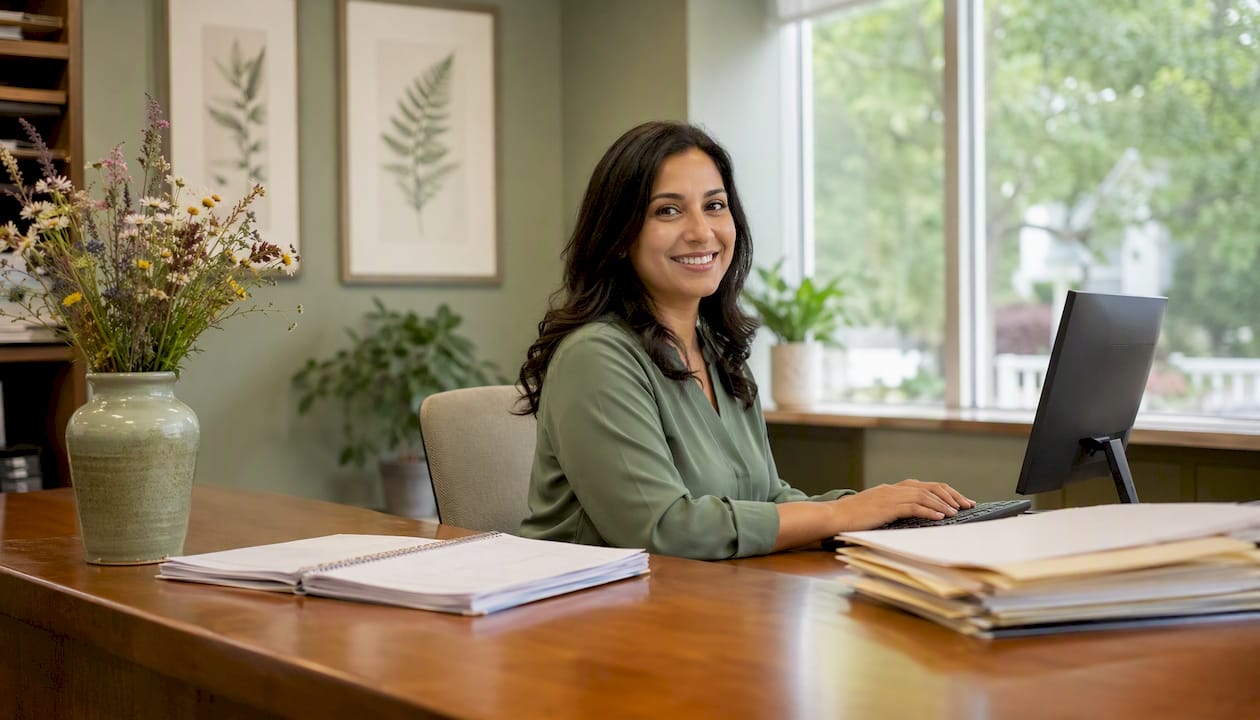 Receptionist at boutique physical therapy clinic desk