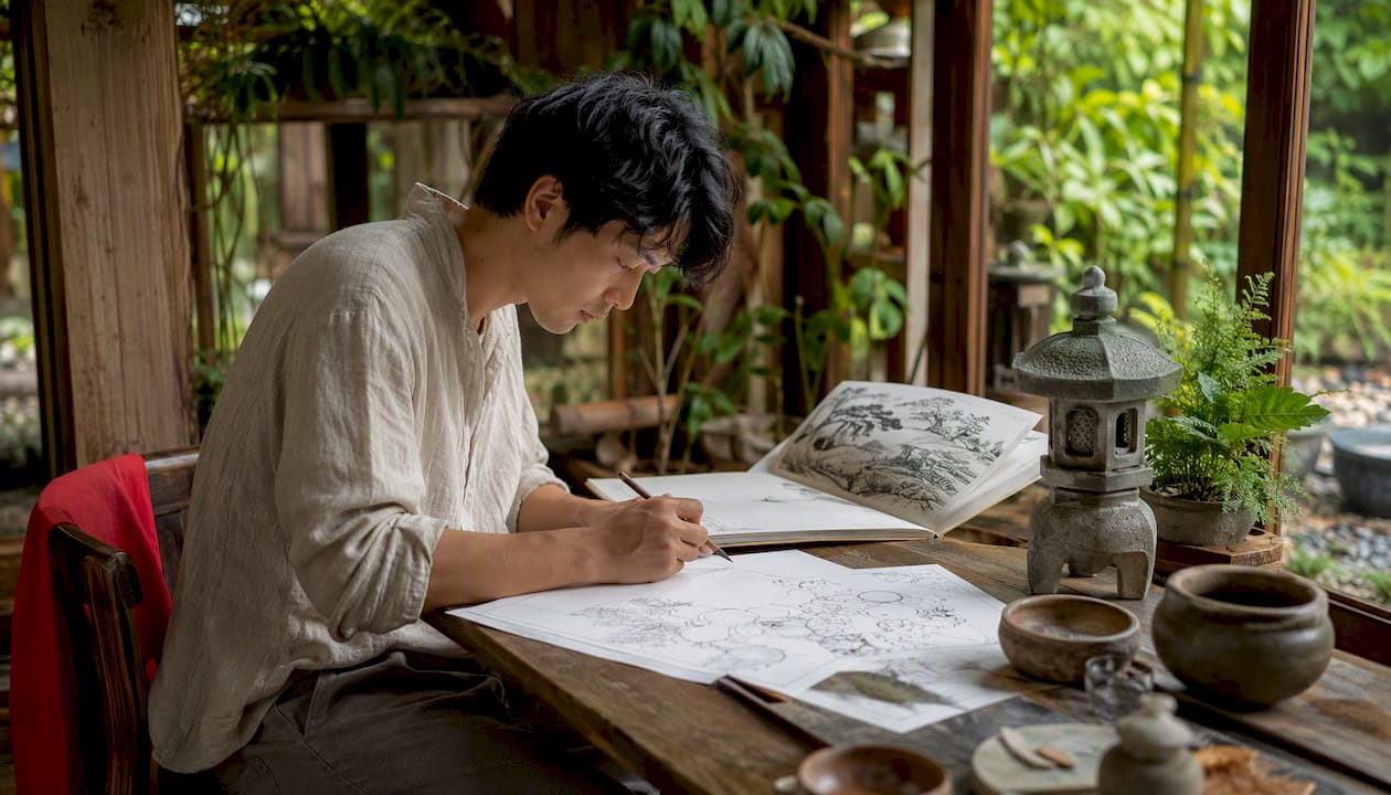 Designer sketching garden plans with manual