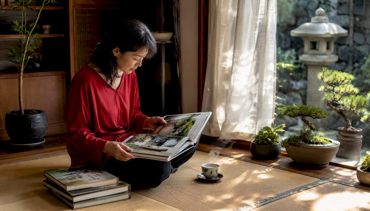 Woman reading Japanese garden design book