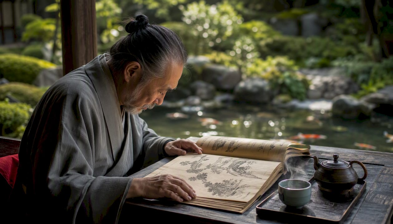 Hands flipping ancient Japanese garden manuscript