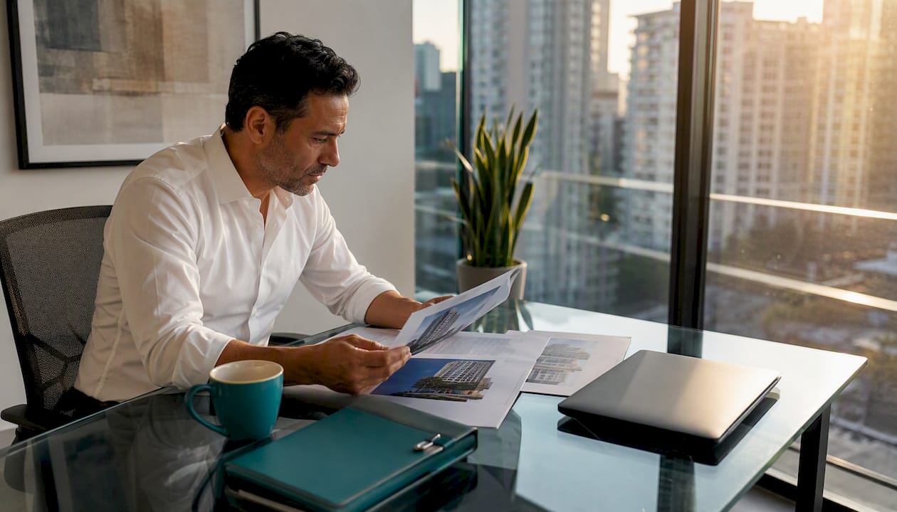 Investor reviewing property documents at home desk