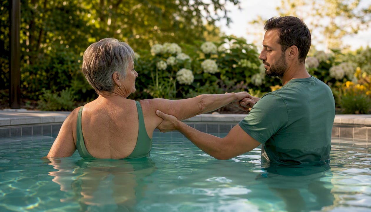 Physical therapist assisting patient in aquatic therapy pool