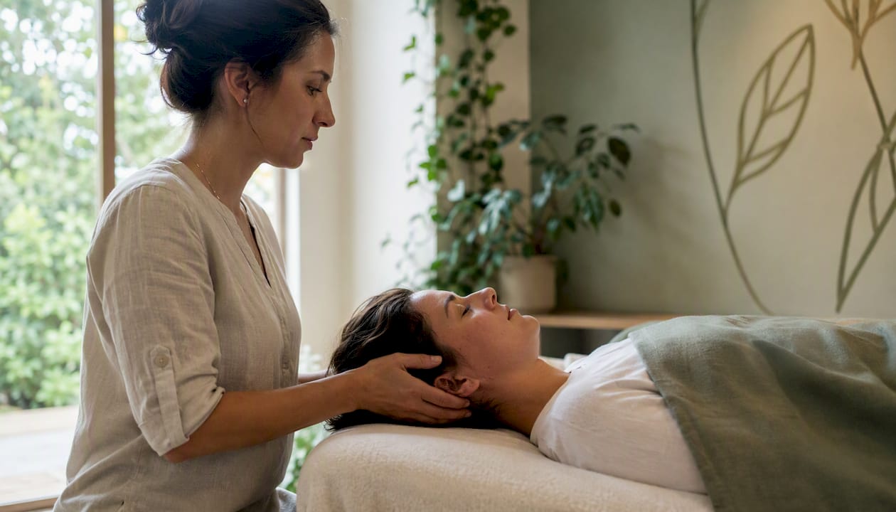 Therapist performing craniosacral therapy on patient