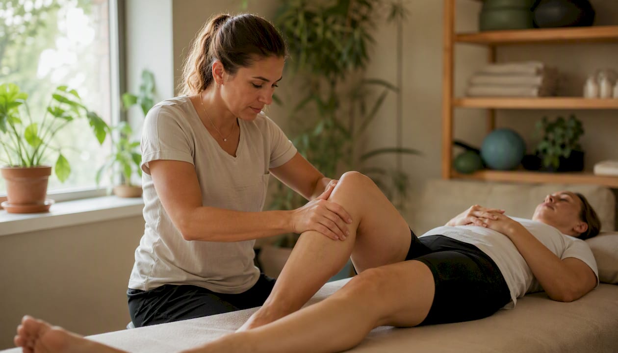 Physical therapist performing manual knee therapy