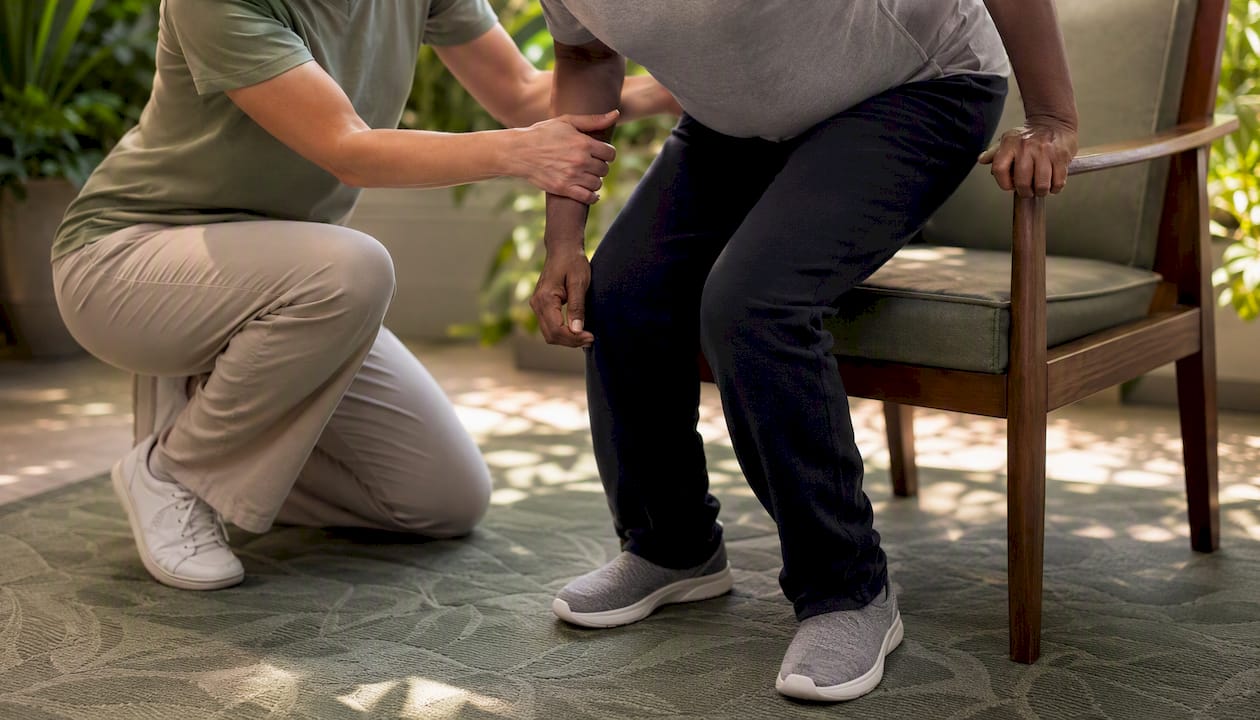 Therapist assisting patient standing up