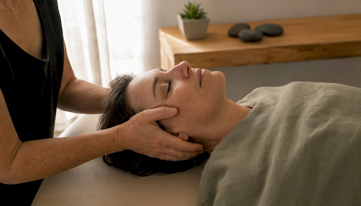 Therapist hands gently touching patient's head during CST session