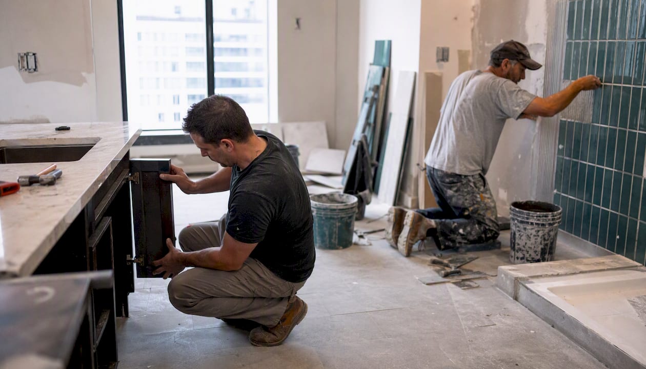 Hands installing kitchen and bathroom finishes
