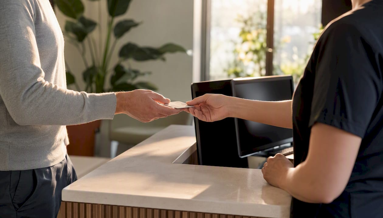 Patient hands giving insurance card at clinic reception
