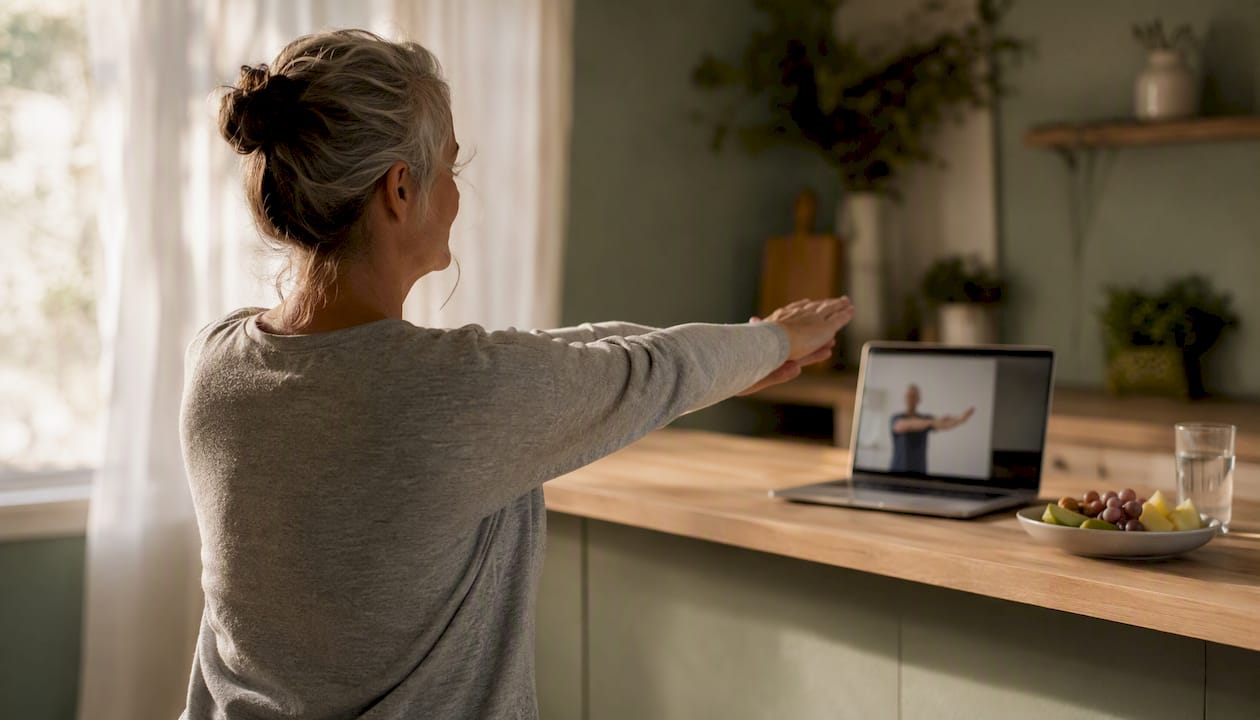 Patient doing telehealth physical therapy at home