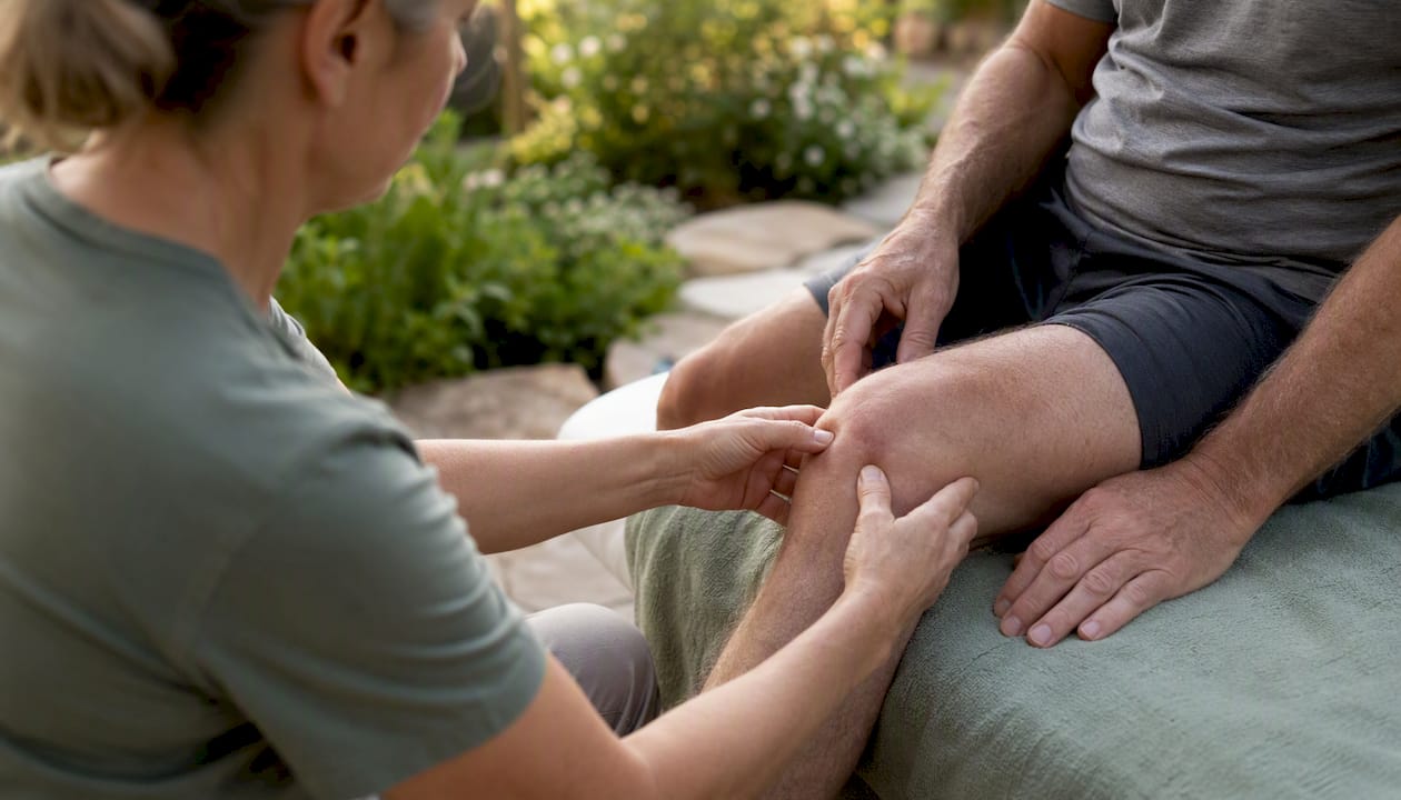 Therapist performing manual therapy on arthritic knee