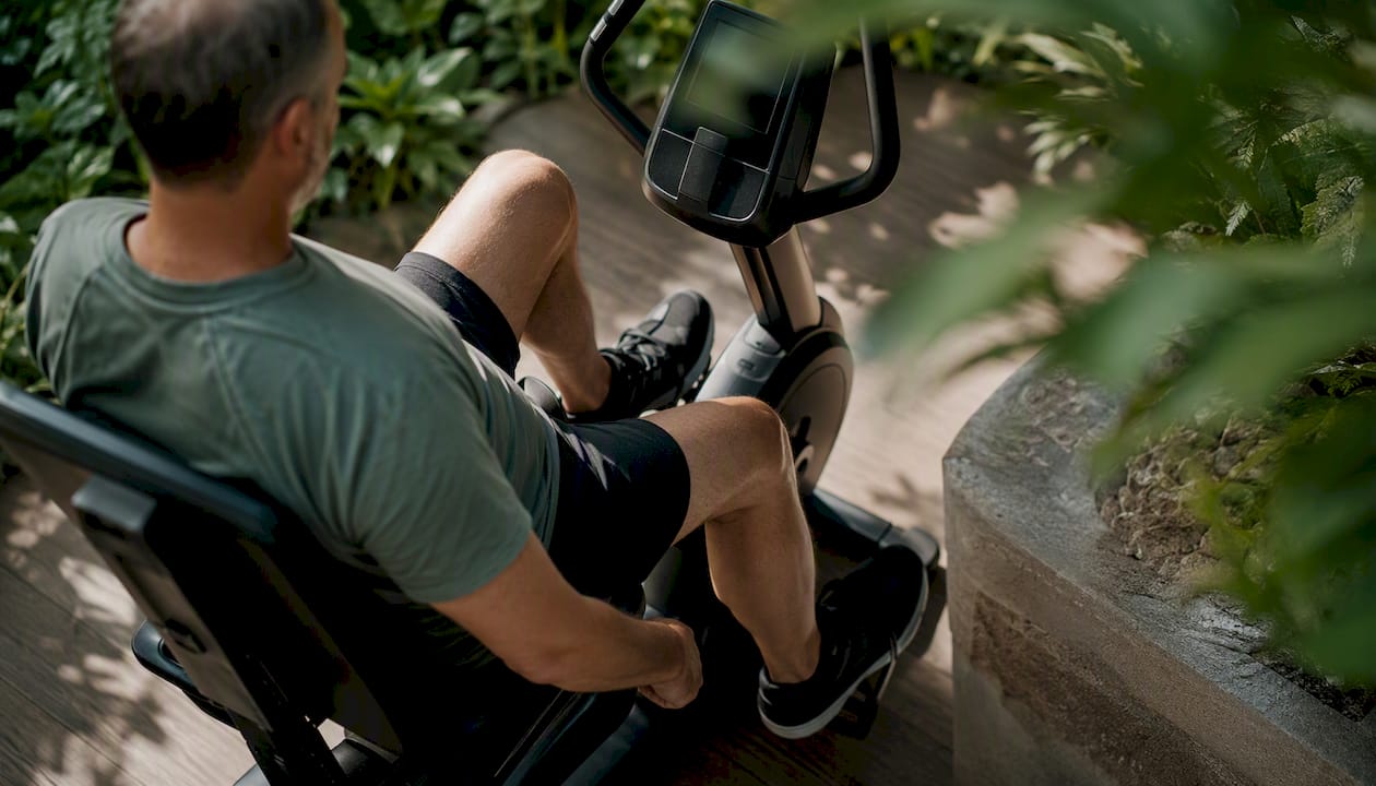 Patient using stationary cycle for knee therapy